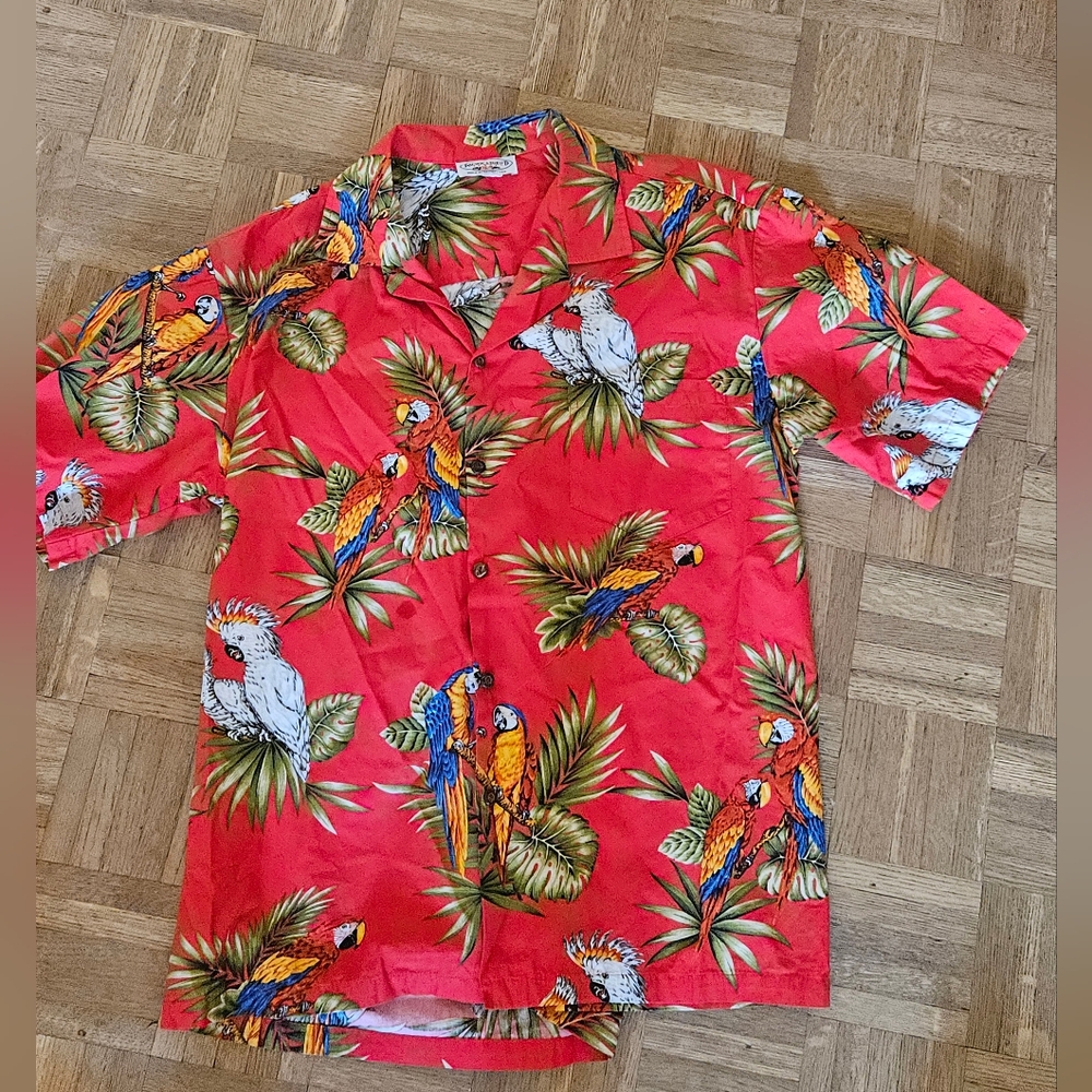Tropical Parrot Print Red Hawaiian Shirt Vintage Pacific Legends Large